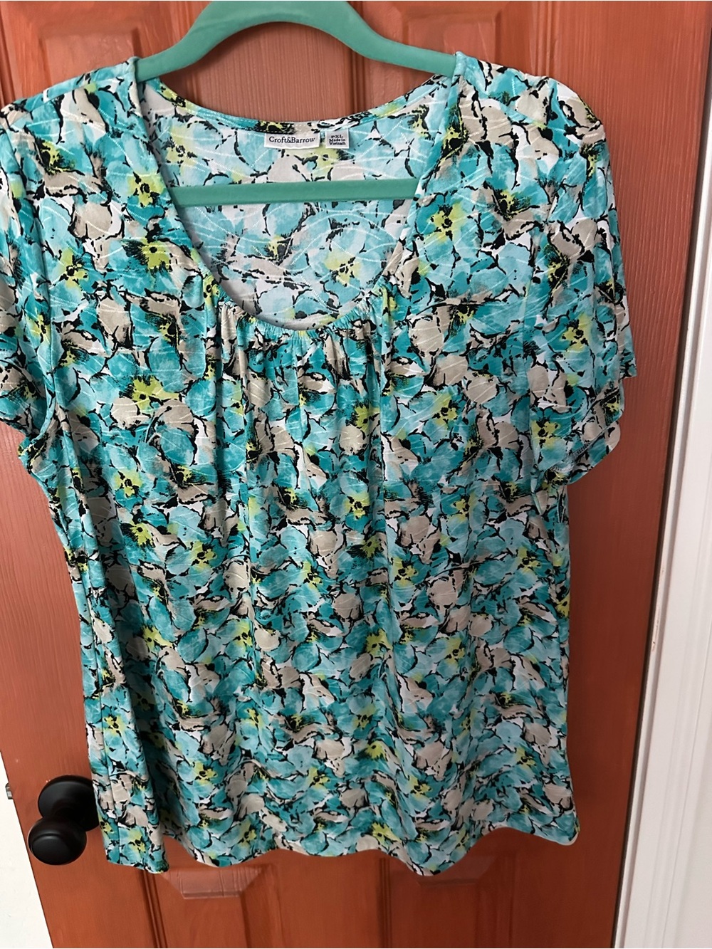 croft & barrow Aqua and White Floral Short-Sleeve Tunic Top